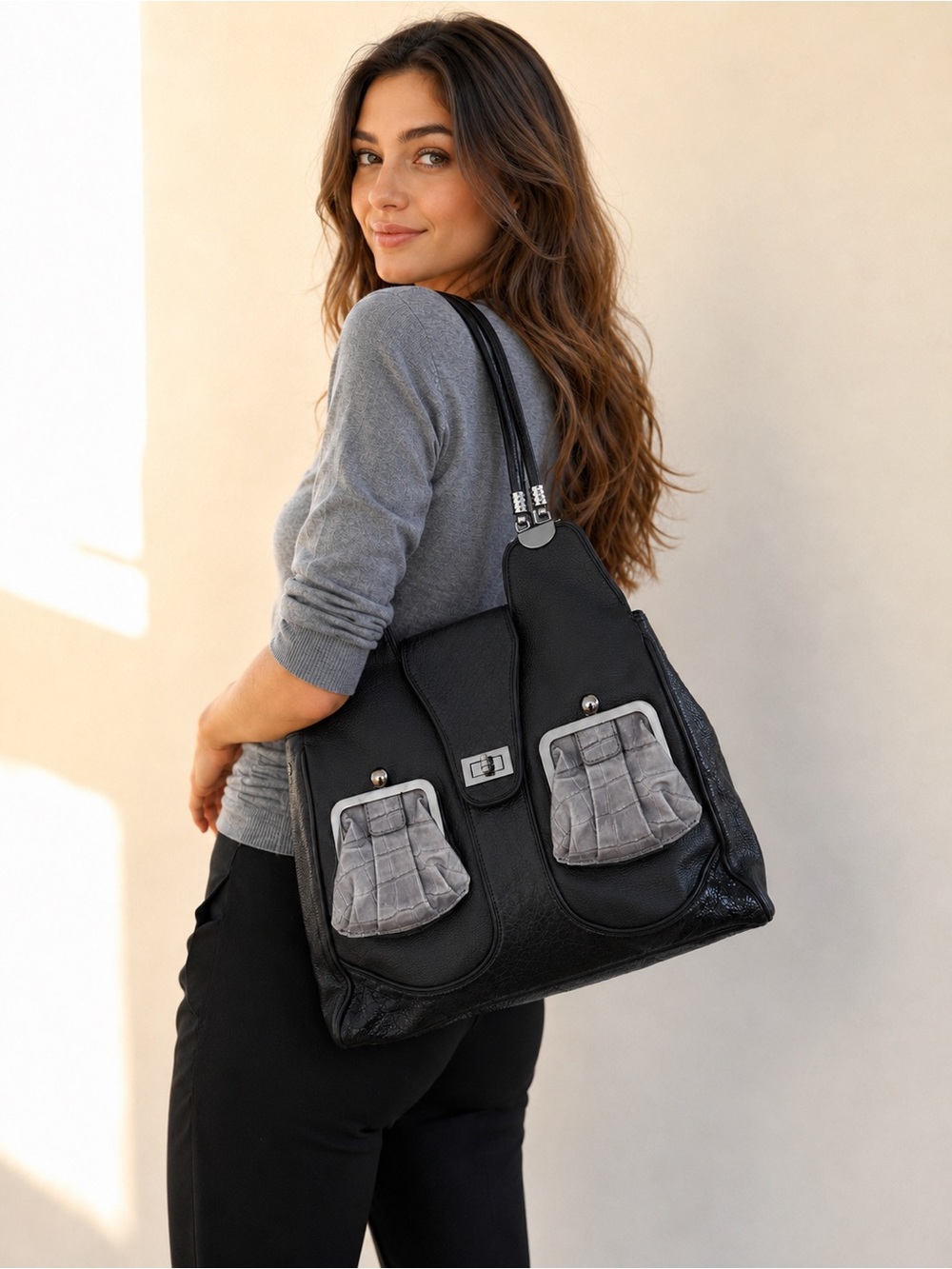 Genuine Leather Oversized Shoulder Tote Black | Double Kiss-Lock Pocket Handbag